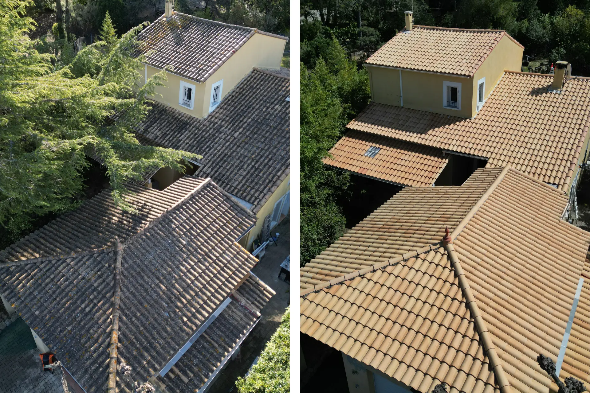 nettoyage-toitures-maison-vue-aerienne-avant-apres-assas-pureko Vue aérienne nettoyage toitures maison avant après à Assas - intervention vapeur basse pression PUREKO Hérault